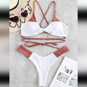 White/ Dusty Pink Two Tone Strappy Bikini